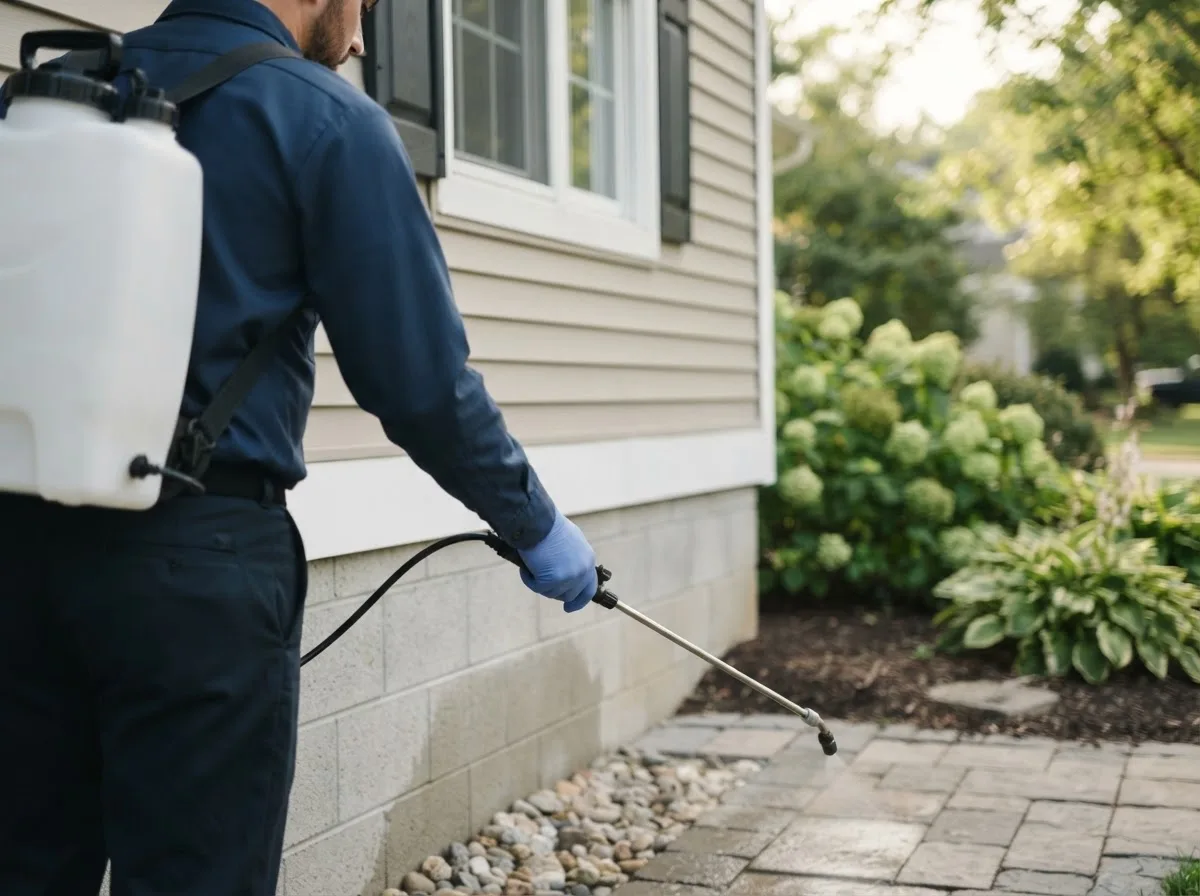 Pest control technician inspecting a home in New Troy, MI